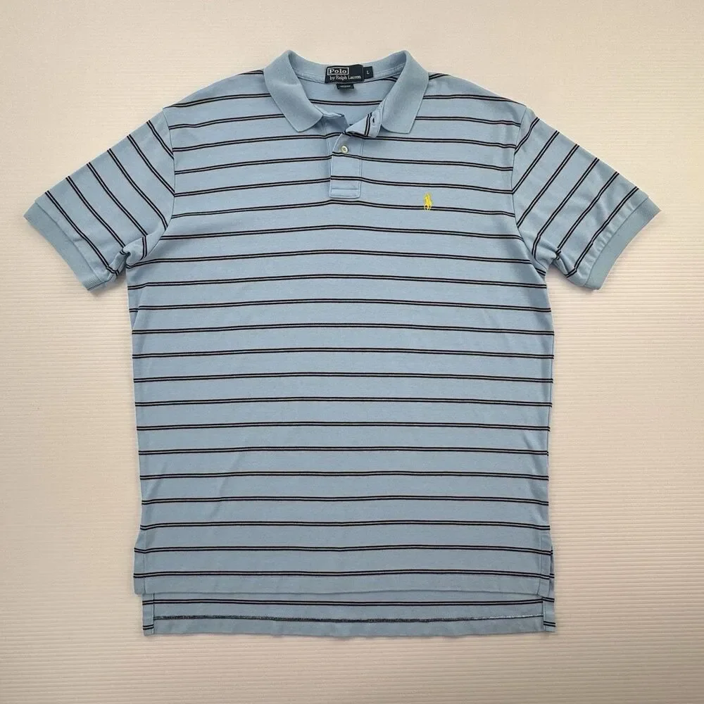 Polo Ralph Lauren Mens L Blue Striped Polo Shirt Yellow Pony Short Sleeve